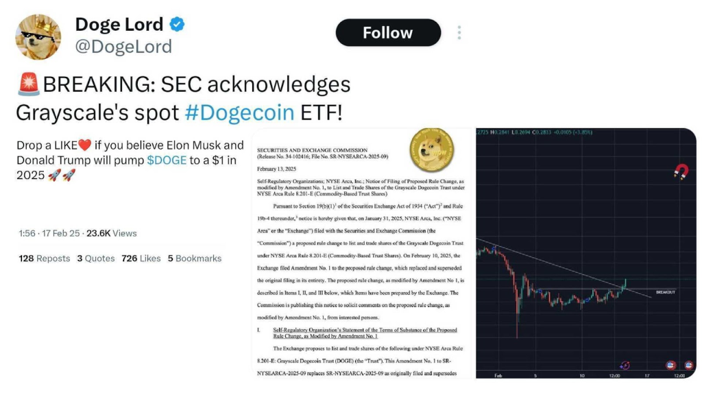 X post by @DogeLord announcing that the SEC acknowledges Grayscale’s spot Dogecoin ETF