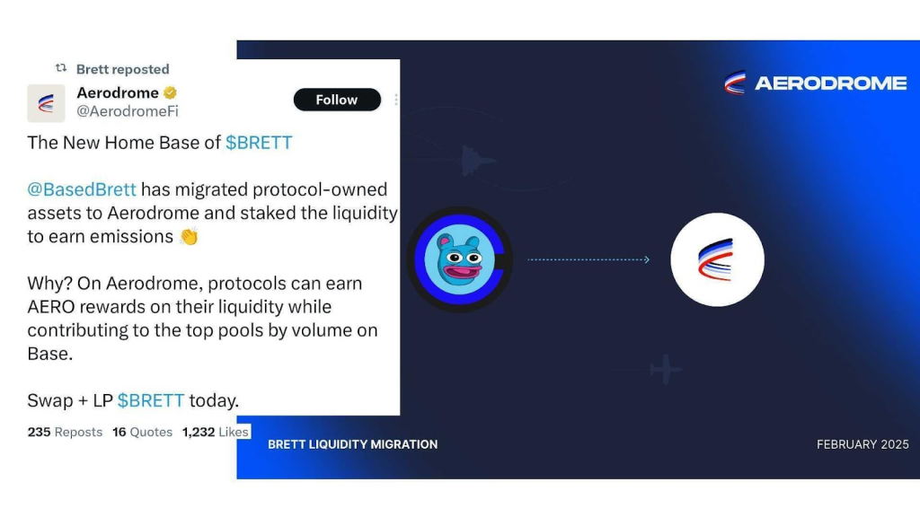 @AerodromeFi announces Brett (BRETT) has migrated liquidity to Aerodrome on X